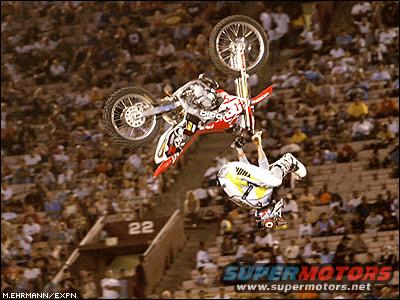 Motocross rider doing a flip mid-air over a stadium crowd