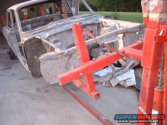 1964 Ford Fairlane body on engine hoist, front quarter view