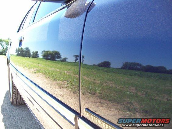 Reflection of trees and sky on a dark blue car door with '4.6 INTERCEPTOR' badge visible