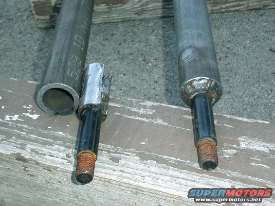 The end of the stock arm is cut off and prepped to be welded into the end of the DOM tube (shown next to a finished end)