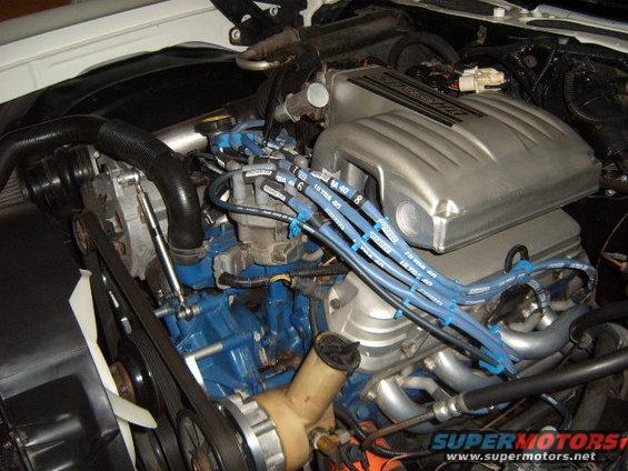 Engine bay with blue engine block, silver intake manifold, and blue spark plug wires