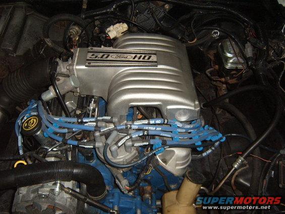 Close-up of a silver Ford 5.0 HO intake manifold with blue spark plug wires