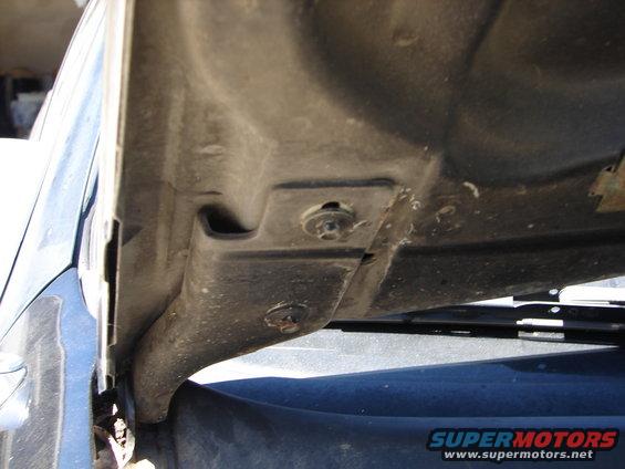 underside of car hood with visible bolts and brackets