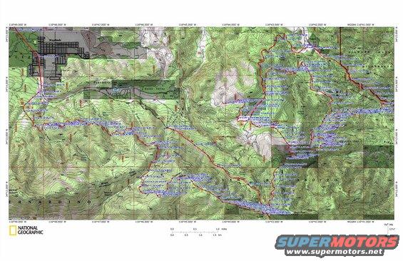 Topographic map of a mountainous area with roads and trails marked. Includes National Geographic logo