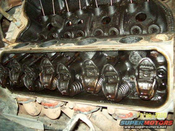 Engine valve train with oil, showing rocker arms and pushrods