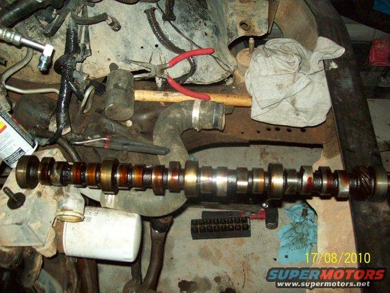 Camshaft removed from engine, with tools and oil filter visible