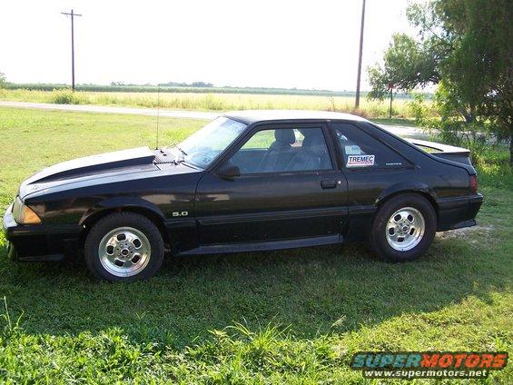 Black Ford Mustang hatchback with a hood scoop and "5.0" badge