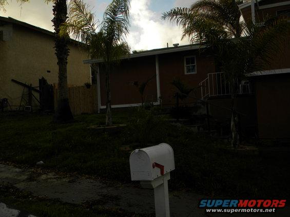 White mailbox with red flag in front of a house and palm trees