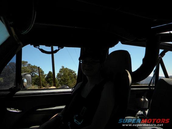 Interior view of a Jeep with a person in the driver's seat, looking out at trees and a blue sky