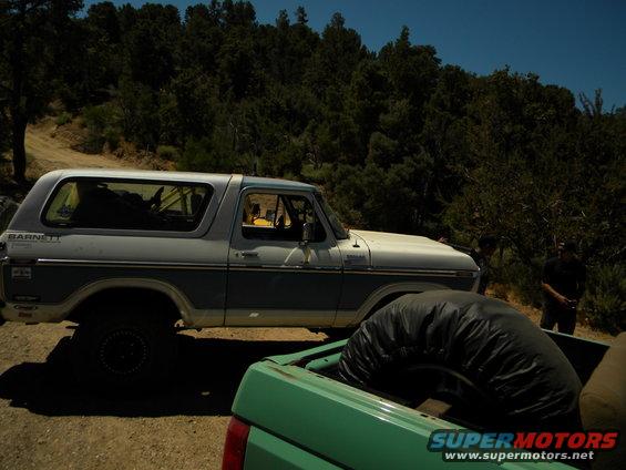 Side view of a 1978 Ford Bronco with a blue stripe, parked next to a green pickup truck