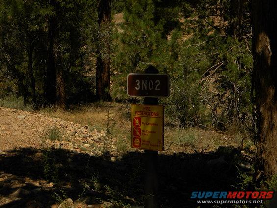 Forest scene with a sign indicating fire restrictions and a number 3N02