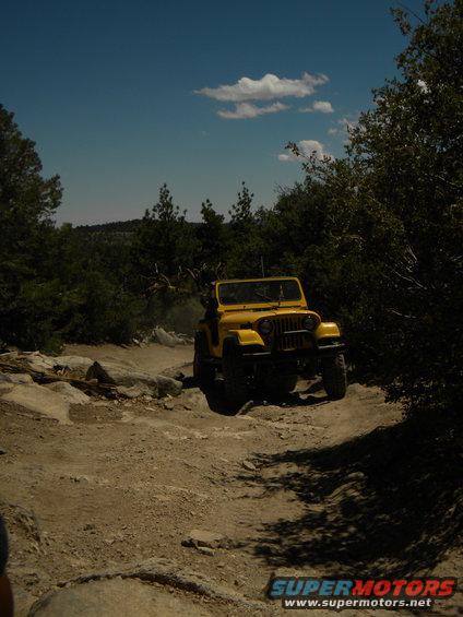 Yellow Jeep CJ driving on a rocky, off-road trail with trees and blue sky