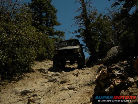 1992 Ford Bronco climbing a steep, rocky mountain trail with trees on either side
