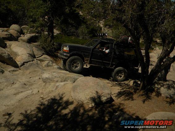 Black Ford Bronco navigating a rocky trail with trees around