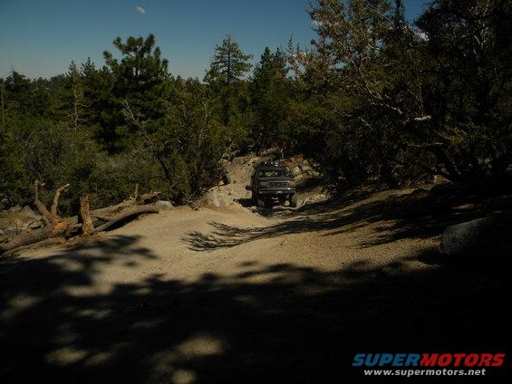 Dark colored SUV driving up a rocky dirt trail in a wooded area. The vehicle has a rack on top