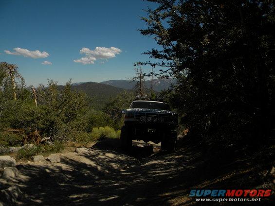 Off-road SUV on a dirt path with trees and mountains in the background