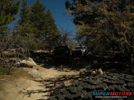 Two SUVs on a rocky, wooded trail