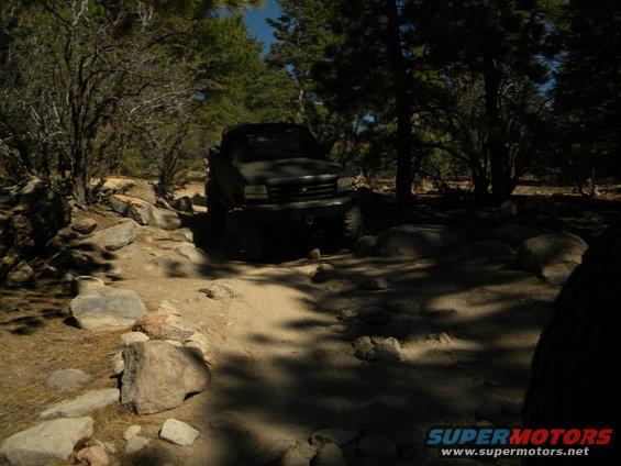 Dark colored off-road vehicle navigating a rocky, wooded trail