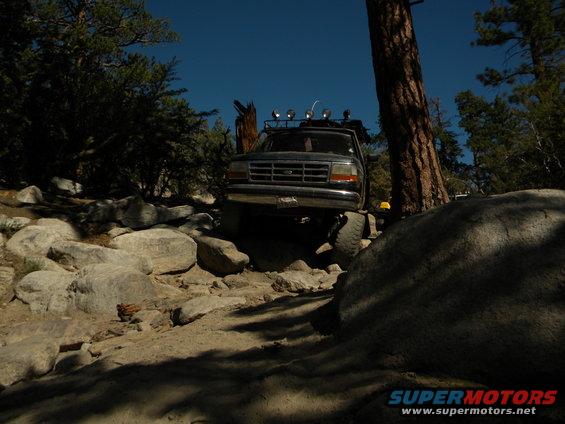 1992 Ford Bronco navigating a boulder-strewn path with trees and clear blue sky