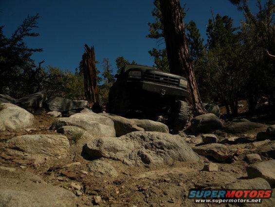 1992 Ford Bronco navigating a rocky trail with trees and blue sky
