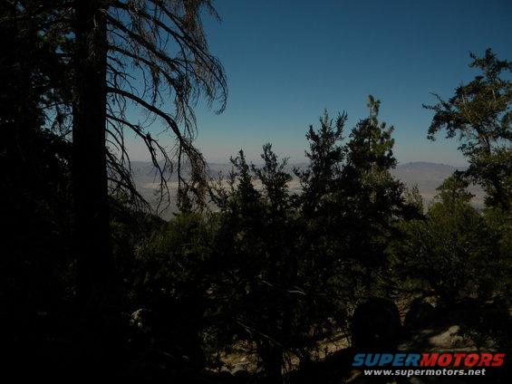 Mountain landscape with trees and distant hills under a clear blue sky