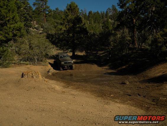 Dark off-road vehicle driving on a dirt track in a wooded area
