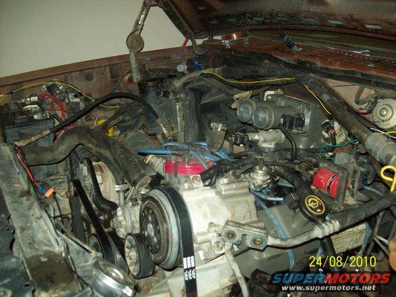 1985 Ford Bronco engine bay with V8 engine, belts, and hoses visible