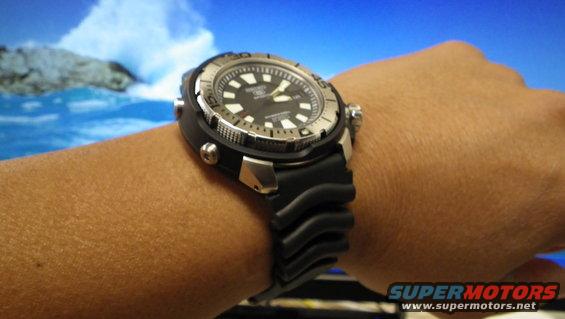 Watch on a wrist with a background of water and sky