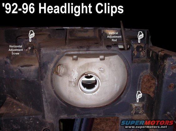 headlightretainers9296.jpg Headlight Clips '92-96
http://www.dormanproducts.com/p-26048-42190.aspx

The rings on each side of the clip are designed for right-angle snap ring pliers, but it's quicker & easier to just pry the top of the clip upward.  If the catches engage the slots, use a hook probe to release them, then continue prying up.

The top outboard screw is for setting the headlight's depth relative to the headlight door.

See also:
[url=https://www.supermotors.net/registry/media/1126364_1][img]https://www.supermotors.net/getfile/1126364/thumbnail/headlight_9296.jpg[/img][/url] . [url=https://www.supermotors.net/registry/media/505310][img]https://www.supermotors.net/getfile/505310/thumbnail/grille94.jpg[/img][/url] . [url=https://www.supermotors.net/vehicles/registry/media/895001][img]https://www.supermotors.net/getfile/895001/thumbnail/headlightaim.jpg[/img][/url] . [url=https://www.supermotors.net/registry/media/968730][img]https://www.supermotors.net/getfile/968730/thumbnail/headlightgear.jpg[/img][/url] . [url=https://www.supermotors.net/vehicles/registry/media/974560][img]https://www.supermotors.net/getfile/974560/thumbnail/33headlight.jpg[/img][/url]