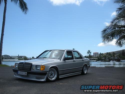 Silver Mercedes-Benz 190E parked by the water with palm trees