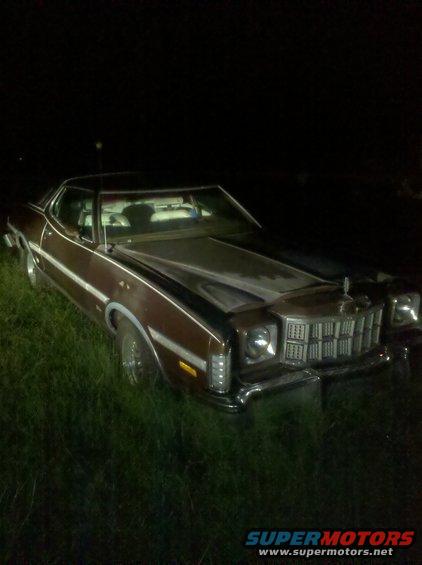 Brown 1974 Ford Elite coupe parked in grass at night, front quarter view