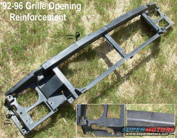 grilleopening.jpg SOLD Grille Opening Reinforcment (Header) for '92-96 F-series & Bronco

Note chip on R side (doesn't interfere with anything) and hairline crack at top just R of center (could be glued).

For installation, see:
[url=http://www.supermotors.net/registry/media/505310][img]http://www.supermotors.net/getfile/505310/thumbnail/grille94.jpg[/img][/url]