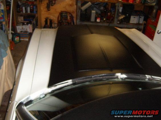 1973 Ford Ranchero hood with black vinyl top and white racing stripes