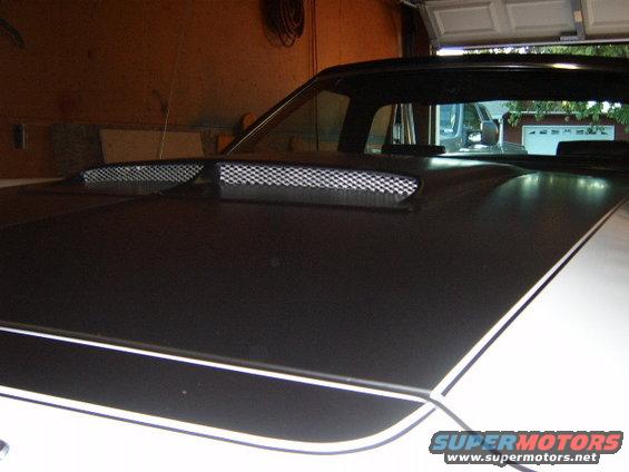 car hood with black matte finish and dual scoops, white stripe on fender, another vehicle visible in background through garage door