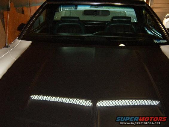 Black hood with dual vents on a white 1973 Ford Ranchero, viewed from the front