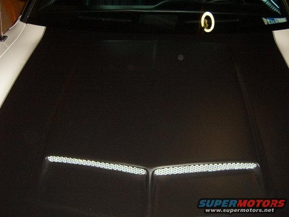 1973 Ford Ranchero hood with black center stripe and white side stripes