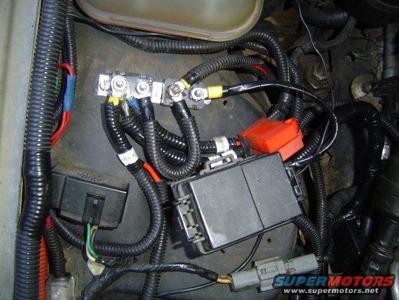 Engine bay wiring and fuse box with red fuse holder