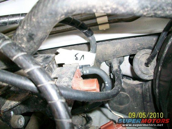 Engine bay with hoses, a red connector, and a white label marked "V3"