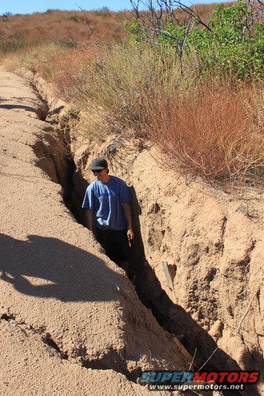 Man in blue shirt and black cap walks through a deep dirt trench with dry brush on the sides