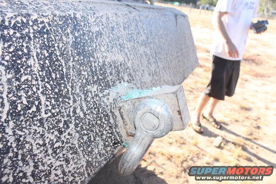 Close-up of a tow hitch on a dirty vehicle bumper