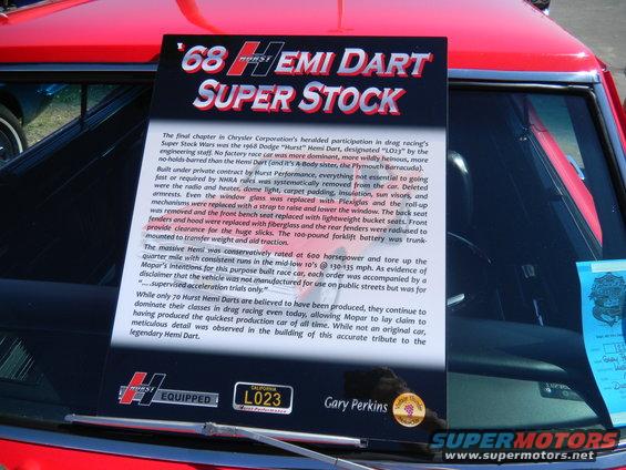 1968 Hemi Dart Super Stock display sign with text and California plate L023