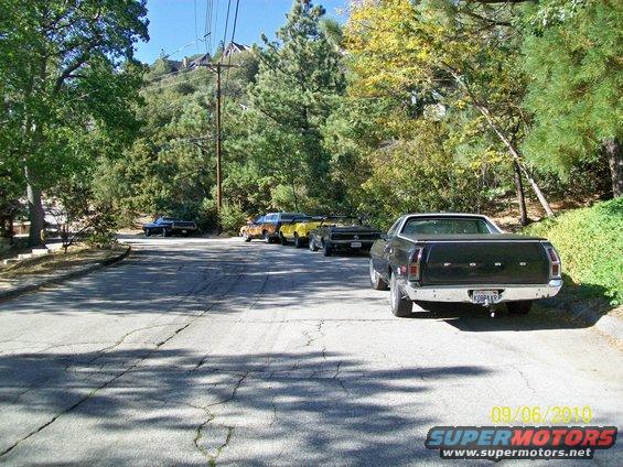 1972 Ford Ranchero parked on street with other classic cars behind it