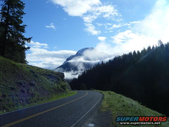 Winding asphalt road through a mountain pass with pine trees and clouds around the peak