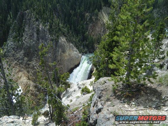 Waterfall cascading down a rocky canyon wall surrounded by pine trees