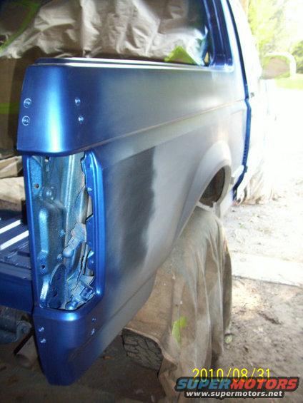 1993 Ford Bronco rear quarter panel, blue paint, under repair
