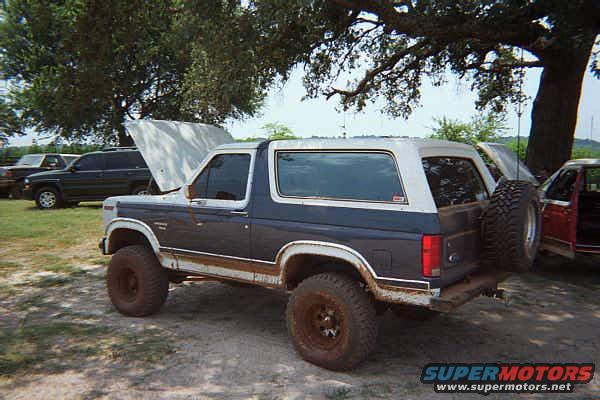 Blue and white Ford Bronco with hood up, parked next to a red car. Another SUV is behind it
