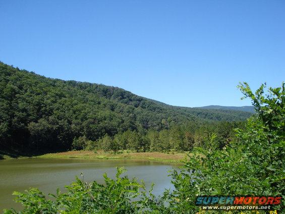 Lake and forested hills under a clear blue sky