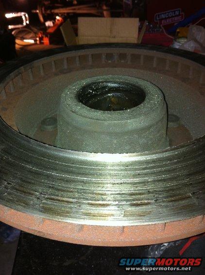 Worn brake rotor with deep grooves and rust
