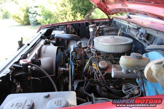 engine bay with V8 engine, air filter, radiator fan, and brake fluid reservoir
