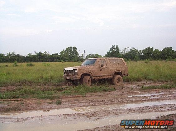 Mud-covered 1980s Ford Bronco stuck in a muddy field with trees in the background